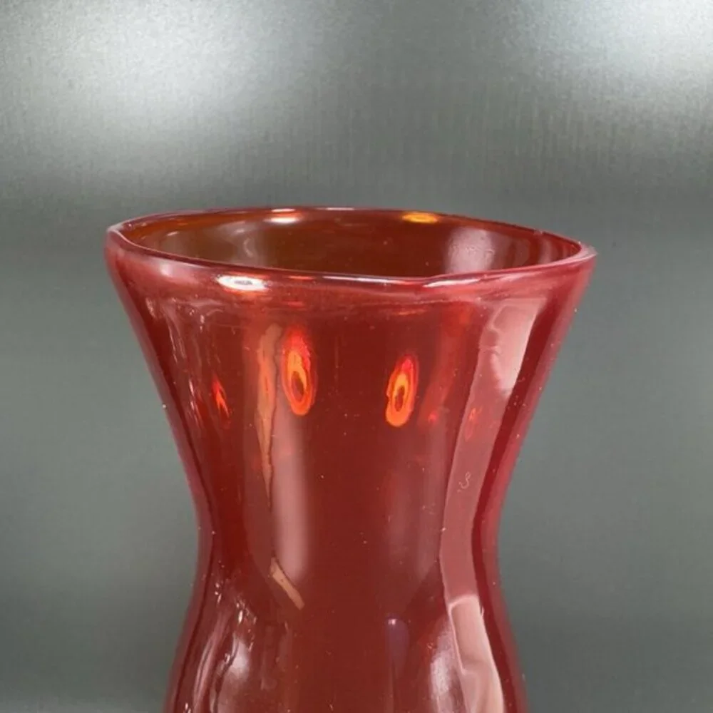 Vintage 1980s Japanese Art Glass Vase Vessel Orange With Clear Swirl Stem Bottom
